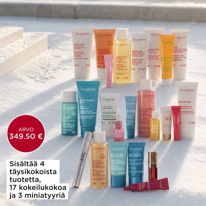 Tuotekuva Clarins-ihonhoito- ja meikkikalenterista, jossa on 4 t&auml;ysikokoista tuotetta, 17 kokeilukokoa ja 3 miniatyyri&auml;