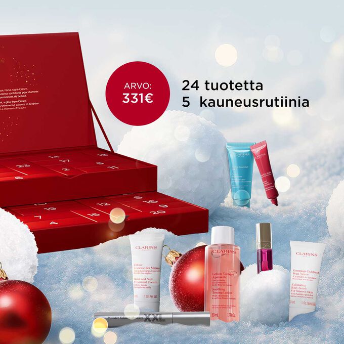 Packshot Clarinsin 24 Days -joulukalenterista, jossa on ympäristöystävällisesti suunniteltu pakkaus – tarkoitettu uudelleenkäytettäväksi pitkään joulunajan jälkeen