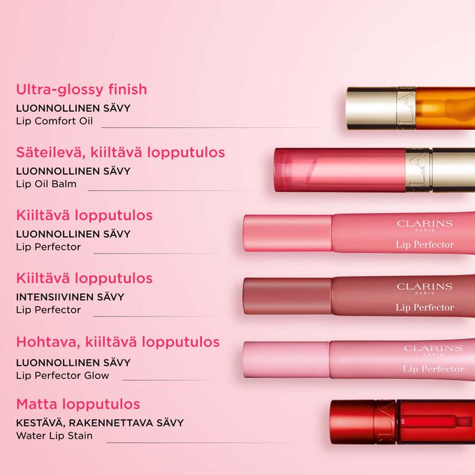 Clarinsin v&auml;ltt&auml;m&auml;tt&ouml;m&auml;t huulituotteet: Lip Oil, Lip Balm, Lip Stain ja Lip Perfector &ndash; luonnollista v&auml;ri&auml;, mukavuutta ja pitk&auml;kestoista kiiltoa varten.