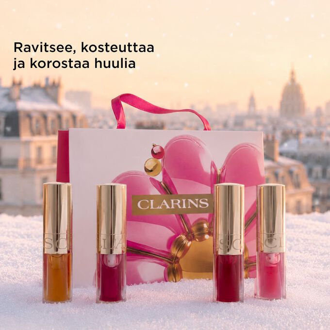 Tuotekuva Clarins-joulusetist&auml;, jonka huuli&ouml;ljyt ravitsevat, kosteuttavat ja korostavat huulia luonnollisella kiillolla