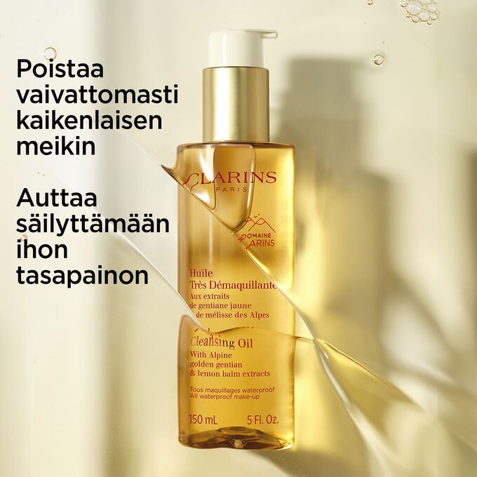 Packshot Total Cleansing Oilista, joka korostaa sen tehokkuutta poistaa meikki samalla kun ihon tasapaino s&auml;ilyy.