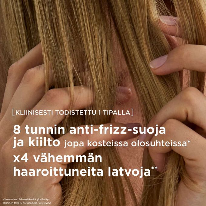 Anti-frizz hius&ouml;ljy silottaa hiukset, antaa pitk&auml;kestoista kiiltoa ja v&auml;hent&auml;&auml; haaroittuneita latvoja jopa nelinkertaisesti my&ouml;s kosteissa olosuhteissa.