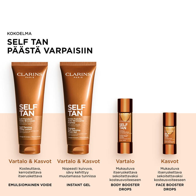 Packshot Clarinsin itseruskettavasta tuotesarjasta, mukaan lukien Self-Tanning-tuotteet kasvoille ja vartalolle, hehkuvaa, kultaista ja auringon suutelemaa lopputulosta varten.