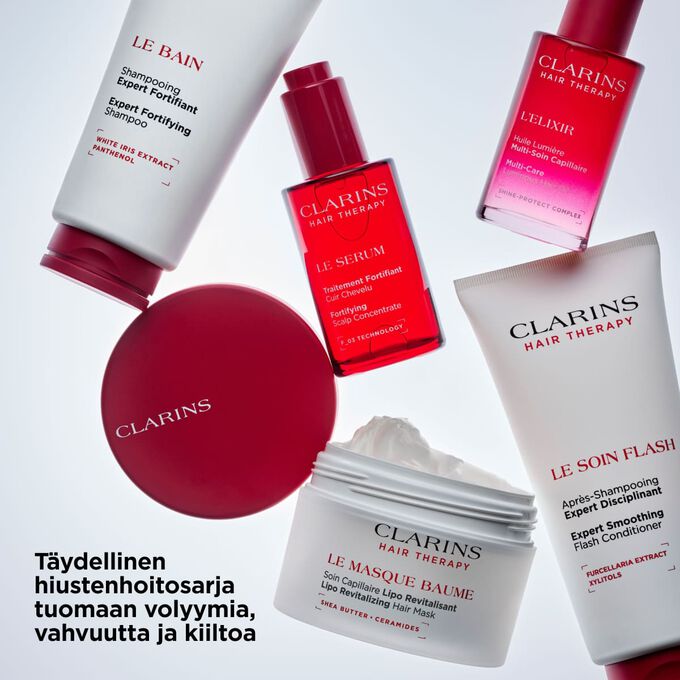 Clarins Hair Therapy -kokoelma: viisi hoitoa p&auml;&auml;nahalle ja hiuksille tuomaan volyymia, vahvuutta ja kiiltoa.