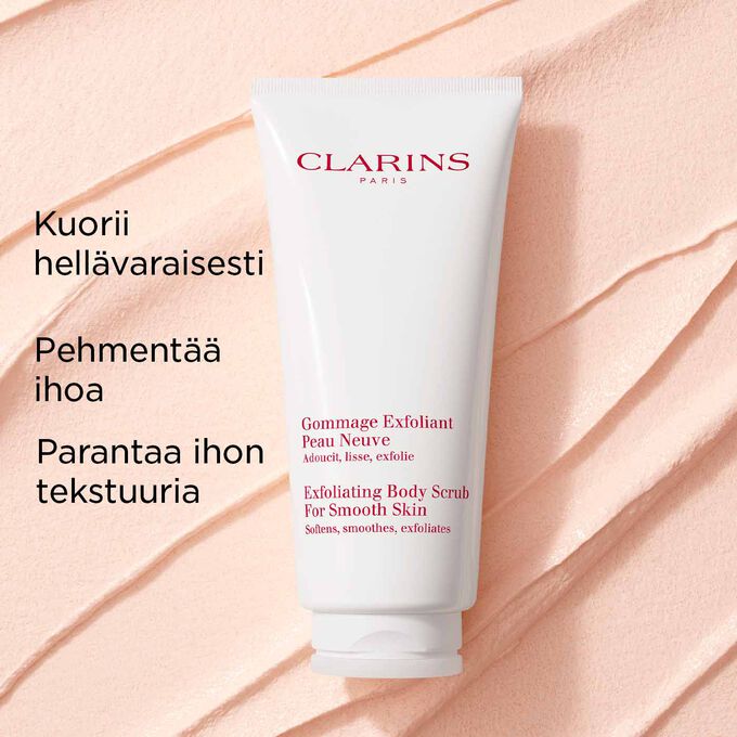 Clarins Exfoliating Body Scrub taustatekstuuria vasten, hellävaraisesti ihoa kuoriva tuote, jolla on ihoa pehmentävä vaikutus.