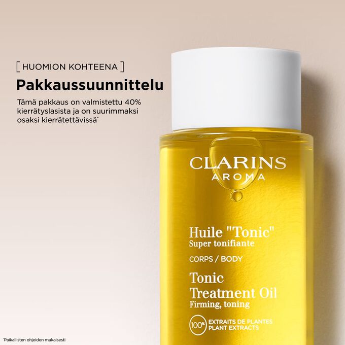Clarins Tonic -vartalo&ouml;ljy on pakattu kierr&auml;tyslasista valmistettuun pakkaukseen, joka tukee kest&auml;v&auml;mpi&auml; kauneusrutiineja.