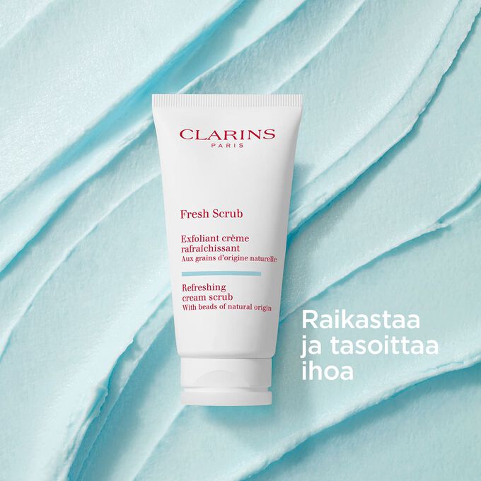 Clarins Fresh Scrub kasvoille kermaisella, teksturoidulla taustalla, joka korostaa sen siloittavaa ja virkist&auml;v&auml;&auml; vaikutusta.