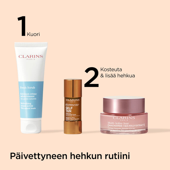 Kuva Clarinsin asteittain p&auml;ivett&auml;vist&auml; itseruskettavista, joilla saa haluamansa p&auml;ivetyksen ilman aurinkoa