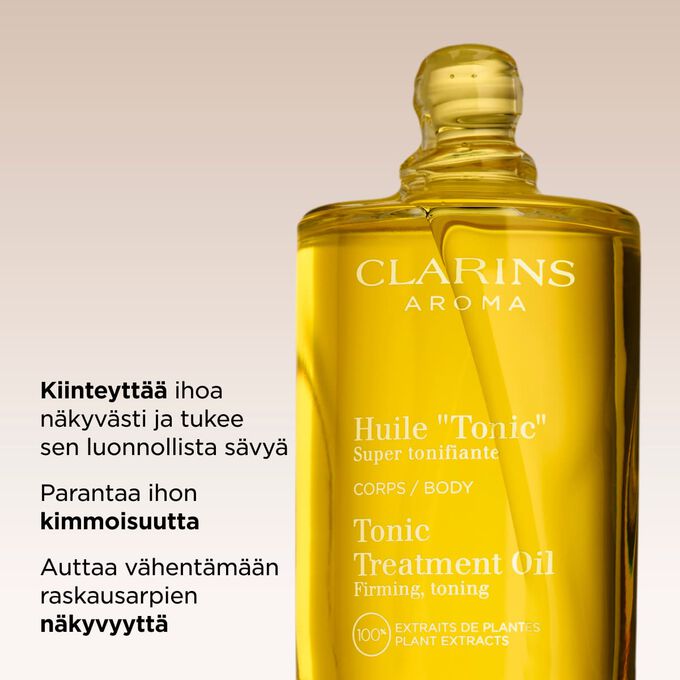 Clarins Tonic -vartalo&ouml;ljy auttaa kiinteytt&auml;m&auml;&auml;n ja tasoittamaan ihon ulkon&auml;k&ouml;&auml; sek&auml; v&auml;hent&auml;m&auml;&auml;n raskausarpien n&auml;kyvyytt&auml;. Iho n&auml;ytt&auml;&auml; sile&auml;mm&auml;lt&auml;, pehme&auml;mm&auml;lt&auml; ja kiinte&auml;mm&auml;lt&auml;.