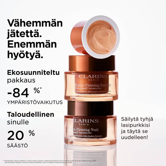 Tuotekuva Extra-Firming-pakkauksesta ja t&auml;ytt&ouml;pakkauksesta, jotka korostavat ekosuunniteltua pakkausta ja uudelleent&auml;ytett&auml;vi&auml; ominaisuuksia kest&auml;vyyden lis&auml;&auml;miseksi.