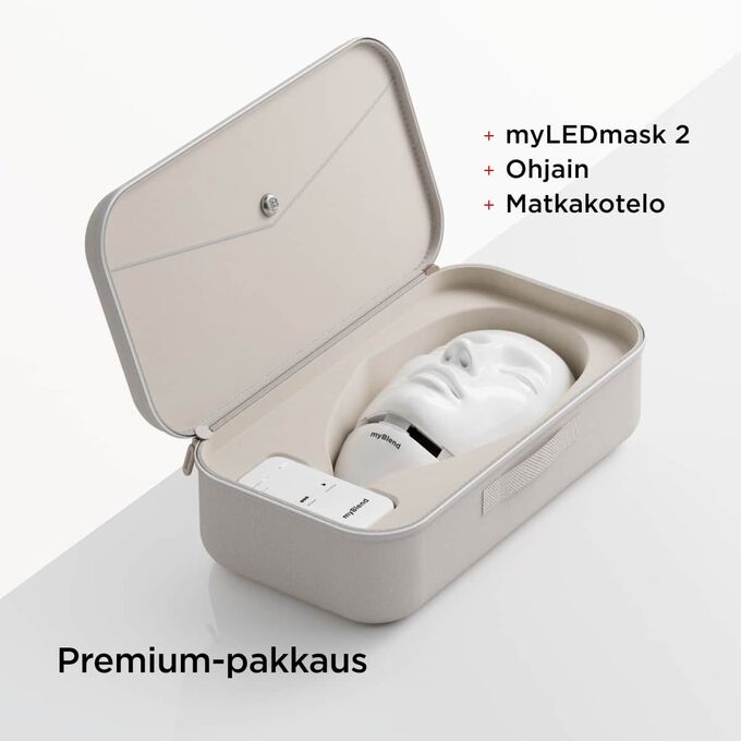 L&auml;hikuva myLEDmask2:n premium-pakkauksesta, mukana matkakotelo ja ohjain