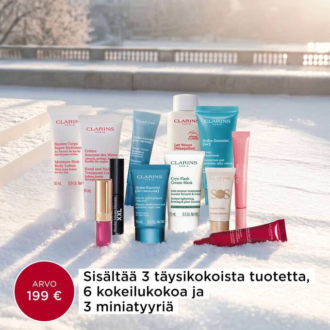 Tuotekuva 12 Days -meikkikalenterista, jossa on 3 t&auml;ysikokoista Clarins-tuotetta, 6 kokeilukokoa ja 3 miniatyyri&auml;