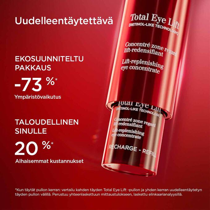 L&auml;hikuva Total Eye Lift -pakkaus, joka tuo esiin sen uudelleen  t&auml;ytt&ouml;mahdollisuuden 73 % pienemm&auml;ll&auml; ymp&auml;rist&ouml;vaikutuksella.