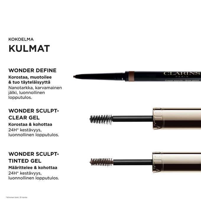 Clarinsin kulmarutiini, jossa t&auml;rkeimm&auml;t tuotteet: Wonder Define, Sculpt-Clear Gel ja Sculpt-Tinted Gel luonnolliseen kohotukseen ja 24 tunnin pitoon.
