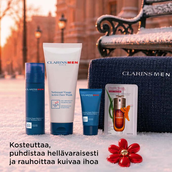 Tuotekuva Clarins Men -joulusetist&auml;, jonka hoitotuotteet kosteuttavat, puhdistavat ja rauhoittavat kuivaa tai herkk&auml;&auml; ihoa