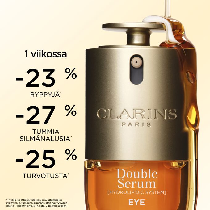 Double Serum Eye -silm&auml;nymp&auml;rysseerumi tuottaa tuloksia 1 viikossa: v&auml;hemm&auml;n ryppyj&auml;, tummia silm&auml;nalusia ja turvotusta &ndash; nuorekkaampi ilme.