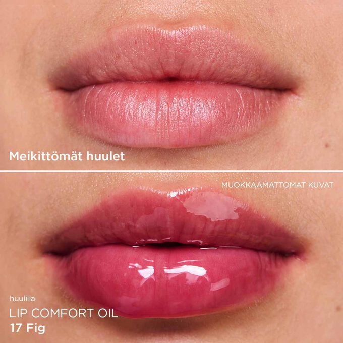Ennen ja jälkeen lähikuva naisen huulista, joka näyttää lopputuloksen tummanpunaisen huuliöljyn levittämisen jälkeen.