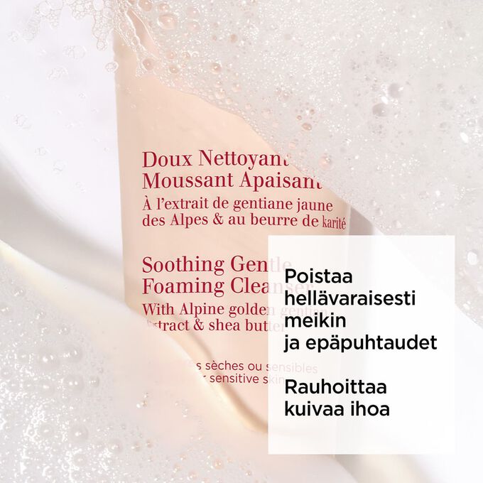 Pakkauskuva vaaleanpunaisesta Clarinsin vaahtoavasta kasvojenpuhdistustuubista vaahdon alla tekstill&auml; sen puhdistavasta ja ep&auml;puhtauksilta suojaavasta vaikutuksesta.