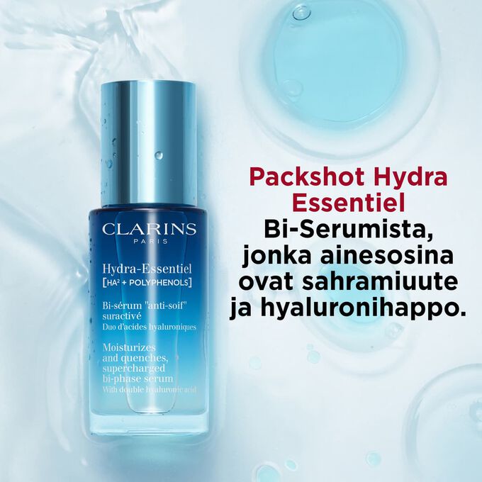 Hydra Essentiel Bi-Serum -seerumi, jossa kaksifaasinen kevyt koostumus, ilman tahmeaa tunnetta.
